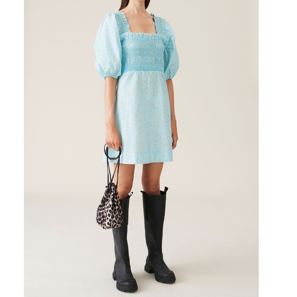 Ganni Printed Cotton Poplin Mini Floral Balloon Sleeve Dress Blue 0